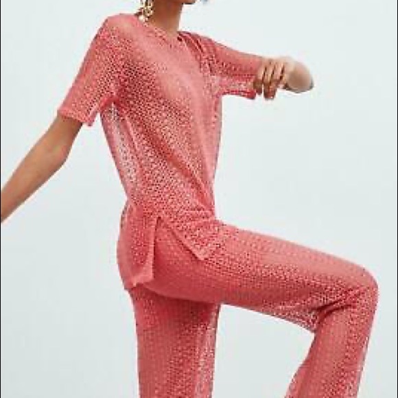Zara salmon pink 2 pieces lace open knit top and pants NWT - Picture 2 of 6